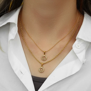18K gold plated necklace set with zircon smiley face pendants on snake and twist chains