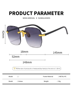 Detailed specs of rimless square sunglasses with grey gradient lenses and metal hinges