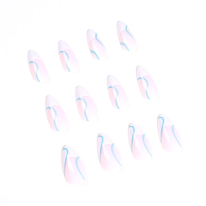 Almond-shaped press-on nails with pale pink base and blue abstract spiral line patterns