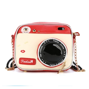 Quirky camera-shaped crossbody bag in red and cream PU leather with stylish chain strap