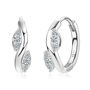 Elegant S925 sterling silver leaf hoop earrings with moissanite inlay on white background