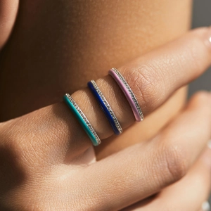 S925 sterling silver enamel rings set with sparkling rhinestones in three vibrant colors
