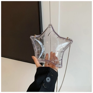 Detailed view of a transparent star-shaped acrylic crossbody bag with silver chain strap