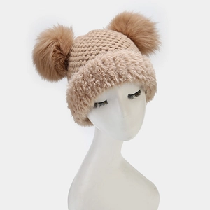 Winter light brown knit beanie with dual large faux fur pom-poms for women