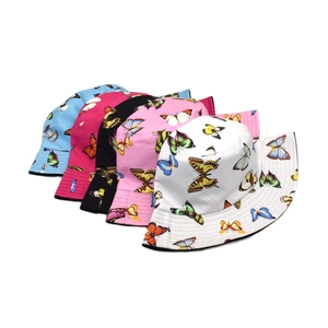 Colorful butterfly print reversible bucket hats in five different vibrant base colors
