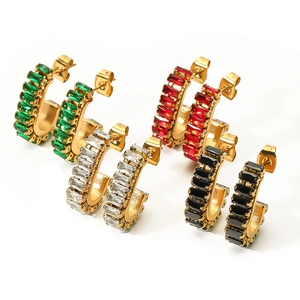 Set of four 18K gold plated stainless steel C-shaped earrings with colorful square zircon