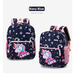 Detail of navy blue kids backpack featuring pink zippers and cartoon unicorn prints