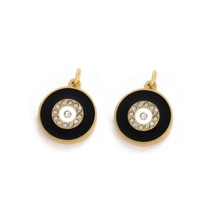 Golden stainless steel evil eye charms with black enamel and white crystal rhinestones