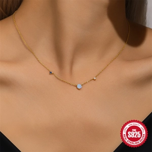 Elegant S925 sterling silver opal and diamond necklace on a golden chain for women