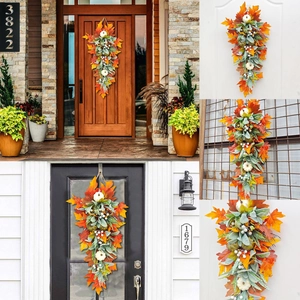 Autumn Wreath Swag Artificial Maple Leaves White Pumpkins Berries Harvest Thanksgiving Front Door Hanging Decoration