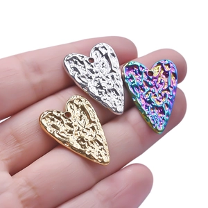 304 stainless steel heart pendants in gold, silver, and rainbow with hammered texture