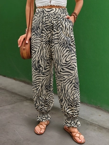 Pantaloni casual zebrati da donna con vita alta e caviglie elasticizzate a balze