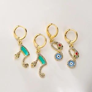 18K gold plated snake drop earrings with green enamel and blue evil eye charms