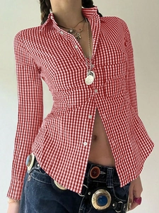 Y2K women long sleeve red and white checkered button-up shirt in a casual cropped style