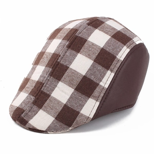 Classic men's brown plaid duckbill cap with dark leather patchwork for winter