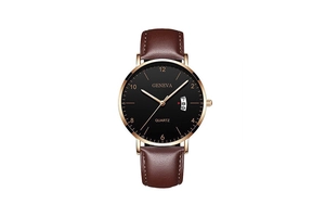 Detail view of Geneva men's quartz watch showing brown leather strap and date display window
