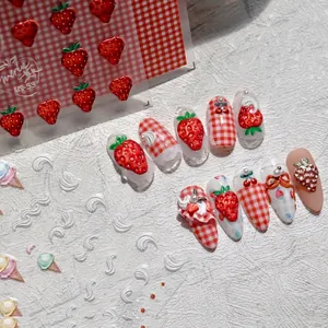 3D Relief Nail Art Stickers Strawberry Ice Cream Grid Pattern Japanese Style Sweet Manicure Decoration For Women