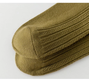 Close-up of the knitted texture and seamless toe on army green cotton crew socks