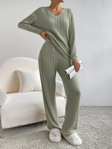 Women's sage green knit lounge set with V-neck long sleeve top and wide-leg pants