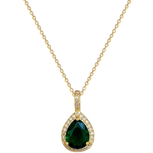 Detailed macro view of gold waterdrop emerald pendant with white zircon halo setting