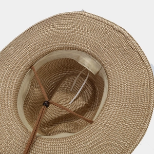 Bohemian woven straw sun hat with adjustable wind rope and inner sweatband