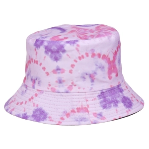 Pink and purple tie-dye bucket hat with reinforced stitching and reversible sun protection