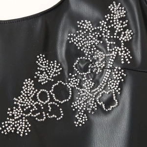 Vintage PU leather mini dress with silver beaded floral pattern and spaghetti straps
