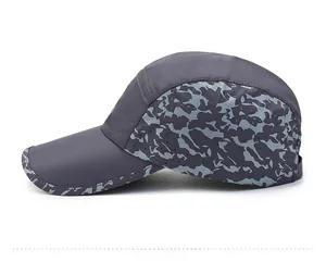 Detail view of quick-dry sports cap with breathable side mesh and grey camo patterns