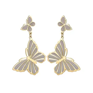 Vintage Double Butterfly Dangle Earrings Stainless Steel Gold Tone Hollow Wings Drop Earrings For Women Fashion Style