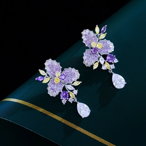 Luxury floral drop earrings with multicolored zircons and pear-shaped crystals