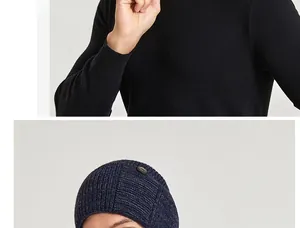 Detail of navy knit beanie with decorative button and ribbed cuff of black sweater
