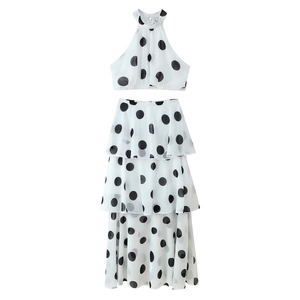 Damen Sommer-Set aus Polka-Dot Neckholder-Top und gestuftem Maxirock in Weiß-Schwarz
