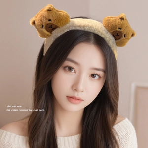 Cute plush capybara headband with 3D bear ornaments for women's winter hair accessory