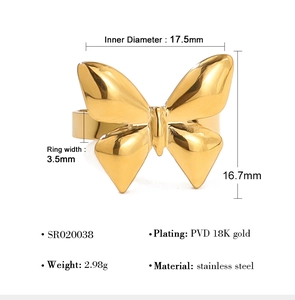 Detailed technical drawing of a gold bow ring with precise measurements and 18K plating info