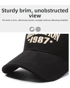 Close-up of structured baseball cap brim with 1987 embroidery and durable stitching