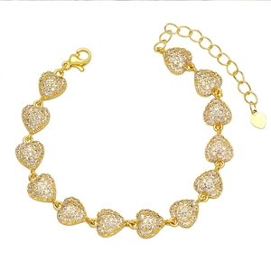 Gold heart bracelet with micro-pave zircons and adjustable lobster clasp closure