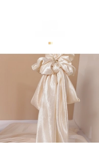 Detail of elegant champagne gold satin scrunchie with long ribbons and pearl luster