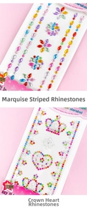 Detail of colorful self-adhesive acrylic rhinestone stickers in heart and crown shapes