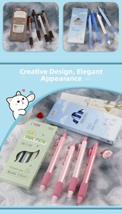 Detail view of 0.5mm retractable gel pens with soft grips and colorful aesthetic designs