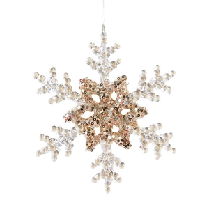 Clear acrylic snowflake ornament with champagne gold sequins for Christmas tree decor