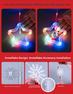 Detail showing the installation of snowflake LED ornaments on decorative fairy lights
