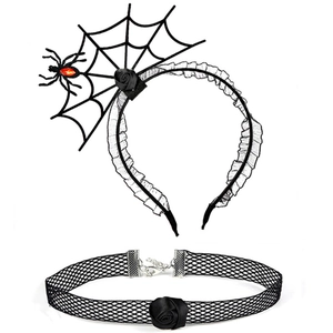 Detail view of Halloween spider web headband and black rose lace choker set for parties