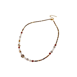 Titanium steel necklace with tiger eye stones and freshwater pearls in retro style