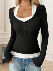 Camiseta De Mujer Capas Color En Contraste Manga Larga Ajustada Cuello Henley Botones Poliéster Casual Diario