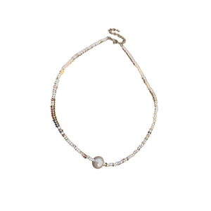 Elegant silver faceted bead necklace featuring a central pearl pendant and lobster clasp