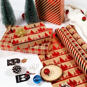 Christmas kraft paper gift wrap set with red gold foil reindeer and stripe patterns