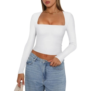 Detail of white square neck long sleeve cropped top with slim fit on fashion model