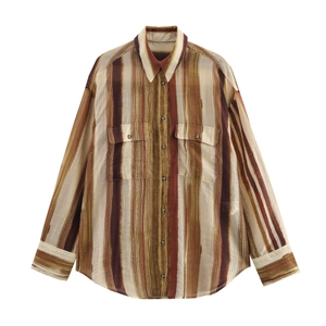 Femme Chemisier Rayé À Manches Longues Chemise Légère En Polyester Coupe Décontractée Boutonnée Col Rabattu Haut