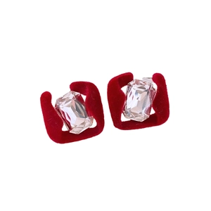 French vintage red velvet square stud earrings with clear rectangular crystals