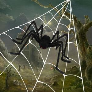 Halloween giant black plush spider on white triangular web with spooky graveyard backdrop